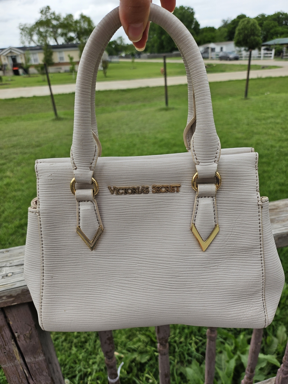 Victoria's Secret Ivory Textured Top-Handle Satchel with Gold Hardware